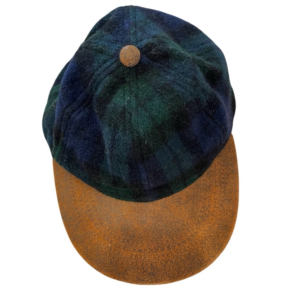 Wool Black watch plaid Adjustable Cap with leather rim.
